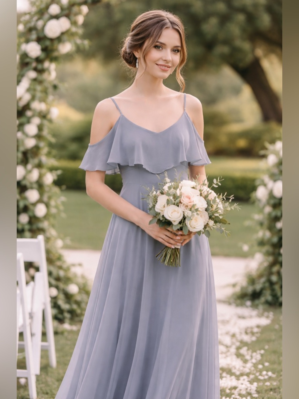 BIRDY GREY Women's Gray Chiffon Ruffle Cold Shoulder Maxi Sundress for Weddings